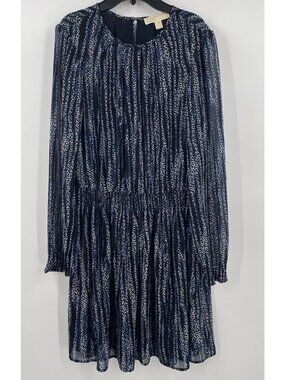 Michael Kors Womens Large Lined Dress Printed Georgette Smocked Long Sleeve Navy